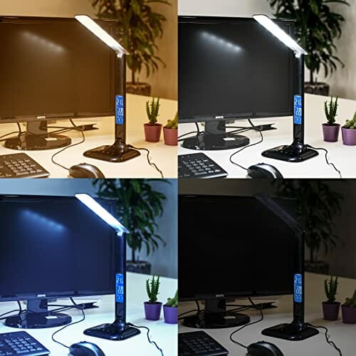 kwmobile Przyciemniana lampa biurkowa LED – lampa stołowa z funkcją ładowania USB – lampka na biurko lampka nocna z wyświetlaczem LCD – czarna - obrazek 2