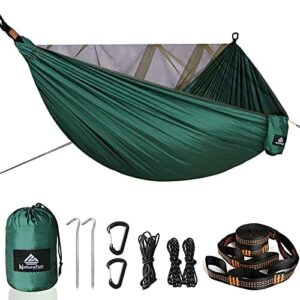 NatureFun Ultralekki hamak kempingowy z siatką, udźwig 300 kg, (290 x 140 cm), oddychający, 4 x karabińczyk premium, 3 x nylonowe pętelki, 2 linki napinające, 2 szlifowane gwoździe
