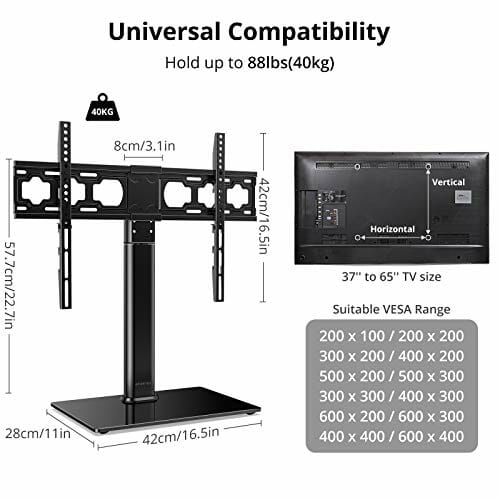 ATUMTEK Stojak pod telewizor, wychylny, do telewizorów plazmowych LCD LED OLED o przekątnej 37-65 cali, płaski i zakrzywiony do 88 lbs - obrazek 7