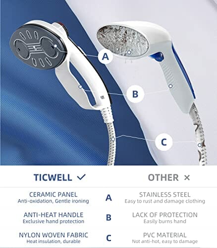 TICWELL Profesjonalna parownica parowa 1600 W ze zbiornikiem na wodę 2,4 l i parą o czasie 90 min, szybkie nagrzewanie 25 s, tryb samooczyszczania - obrazek 3