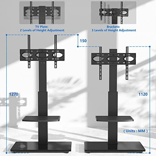 RFIVER Uniwersalny wysoki, obrotowy stojak podłogowy do telewizora na płaskie zakrzywione ekrany o średnicy do 50 kg z regulacją wysokości z podstawą ze szkła hartowanego do zarządzania kablami, czarny do końca łóżka, salonu - obrazek 2