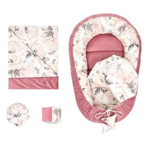 Zestaw kokon niemowlęcy noworodek 90x50 cm Aksamit - przytulanki kokon niemowlęcy 5-częściowy kokon dzika róża różowy