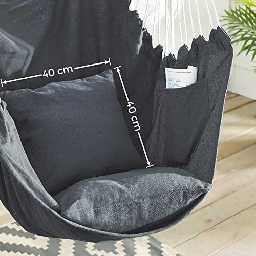 SONGMICS Fotel wiszący, huśtawka wisząca, krzesło wiszące z 2 poduszkami, metalowy łańcuszek, obciążenie do 150 kg, do użytku wewnątrz i na zewnątrz, do salonu, sypialni, ciemnoszary GDC187G02 - obrazek 5