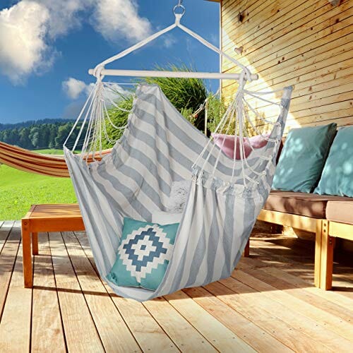 Relaxdays Fotel wiszący, XL fotel wiszący z bawełny, dla dzieci i dorosłych, do zawieszenia, wewnątrz i na zewnątrz, 150 kg, szary/biały - obrazek 7