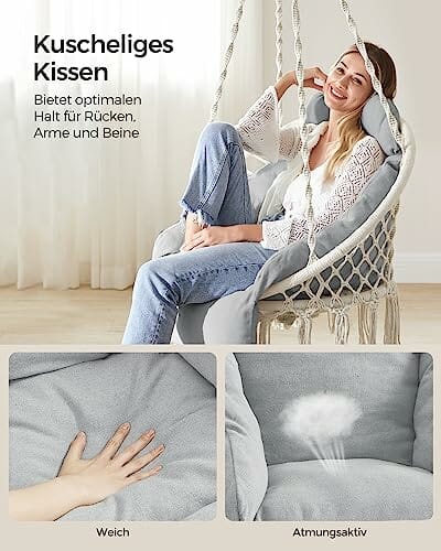 SONGMICS Fotel wiszący, huśtawka wisząca, krzesło wiszące z grubą poduszką, obciążenie do 120 kg, do ogrodu, na balkon, do salonu, na taras, styl skandynawski, nowoczesny, beżowo-szary GDC042G01 - obrazek 6