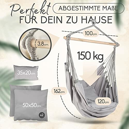 BELLAMATILDA fotel wiszący, 100% bawełna, bardzo długi i 3 poduszki, krzesło wiszące, do użytku na zewnątrz i wewnątrz, XXL dla dorosłych i dzieci, do 150 kg, do ogrodu, salonu, na balkon (jasnoszary) - obrazek 4