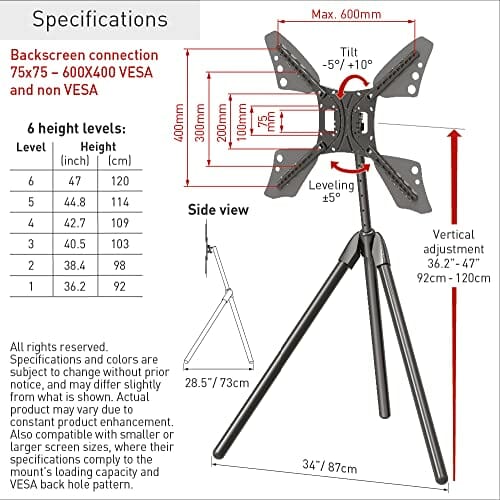 Barkan 13 - 83 cali stojak pod telewizor z regulacją wysokości w stylu sztalugi, wytrzymuje do 50 kg, stojak, statyw, statyw pod telewizor, maks. VESA 600 x 400, uchwyt na telewizor - obrazek 4