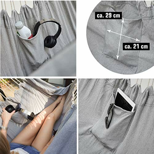 AMANKA Fotel wiszący XXL z komorą boczną i poduszką – 220 x 120 cm, hamak zewnętrzny do 150 kg - obrazek 6