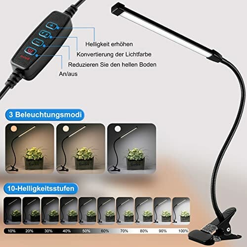 Wilktop Lampa biurkowa 8 W, ściemniana, z zaciskiem USB, 3 trybami (zimna/ciepła/naturalna biała) 10 poziomów jasności, lampa biurkowa LED do biura, nauki, czytania, nauki, pracy (czarna) - obrazek 10