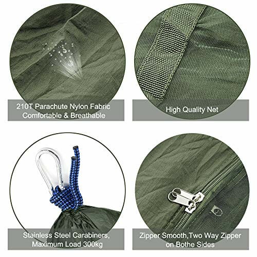 LATTCURE Hamak z moskitierą, pasek do noszenia i karabińczykiem, wykonany z nylonu spadochronowego, nośność do 300 kg, do ogrodu, na podróż, kemping - obrazek 7