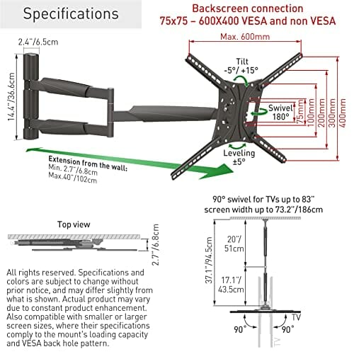 Barkan 102 cm długi uchwyt ścienny do telewizora, 13-83 cali wychylny/ - obrazek 4