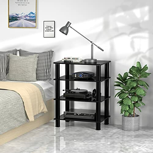 RFIVER Stojak HiFi Półka AV Stojak na stolik pod telewizor 4 poziomy Półki ze szkła hartowanego na gramofon Gramofon Stojak na konsolę Xbox Płyta do rozrywki audio Szafka multimedialna Czarny - obrazek 2