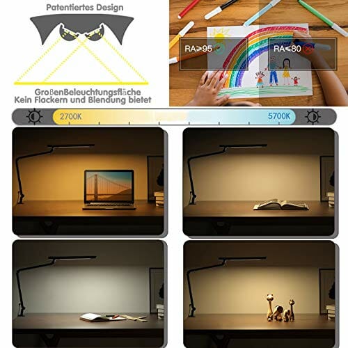 AmazLit lampa biurkowa LED, 1100 lumenów, z zaciskiem, ramię obrotowe, lampa architektoniczna, 18 W, wysoka jasność, bez oślepiania, ochrona oczu, lampa biurowa, oświetlenie wielozadaniowe / funkcja - obrazek 10