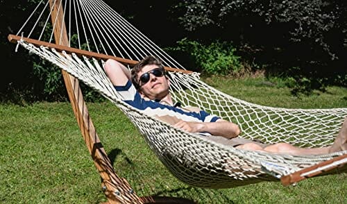 Ba hamak z siatki naturalnej, biały z drewnianym drążkiem, odporny na warunki atmosferyczne Duracord Ecru - obrazek 8