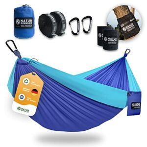 Naturbummler Hamak outdoorowy, 300 x 170 cm, neutralny pod względem emisji CO2, certyfikat TÜV, mata chroniąca przed drzewem, dwuwarstwowy jedwab spadochronowy do 2 osób, udźwig 300 kg, hamak kempingowy Hammock