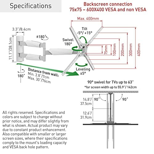 Barkan 76 cm długi biały uchwyt ścienny do telewizora, 13 - 65 cali wychylny / pochylany / ruchomy uchwyt na telewizor, wytrzymuje do 36 kg, bardzo długi wysuw, do LED OLED LCD, maks. VESA 400 x 400 - obrazek 3