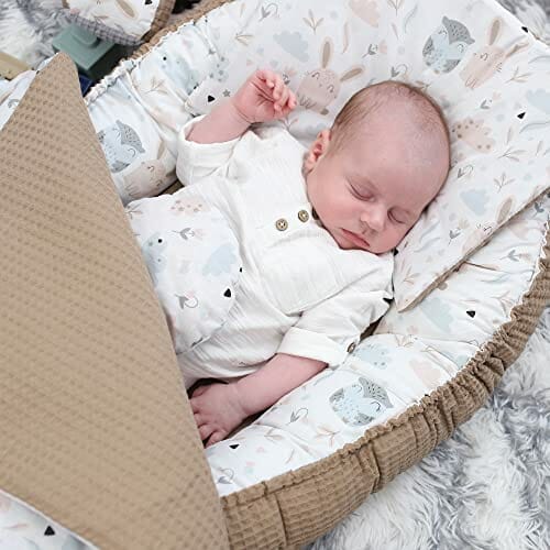 Zestaw gniazdek niemowlęcych noworodek 90x50 cm bawełna wafelek - przytulanka gniazdko niemowlęce 5-częściowy kokon sowa brązowy - obrazek 2