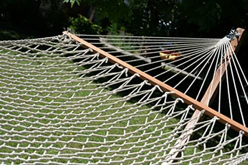 Ba hamak z siatki naturalnej, biały z drewnianym drążkiem, odporny na warunki atmosferyczne Duracord Ecru - obrazek 3