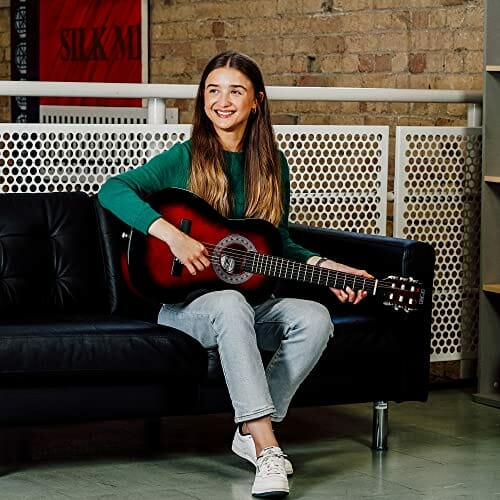 3rd Avenue Hiszpańska gitara klasyczna Kids, w rozmiarze 3/4, dla początkujących, struny nylonowe – futerał, struny, stroik cyfrowy – w kolorze czerwonym - obrazek 3