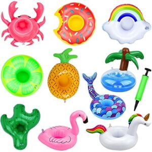 iYInJuan Nadmuchiwany uchwyt na napoje, 11 sztuk, akcesoria z mini pompką, pływająca mata na napoje, piwo, sok, uchwyt na koktajle, kubek, uchwyt na puszki, kubek do piwa