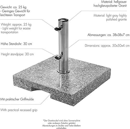 Doppler Granit Sockel 25 kg – Hochwertiger Sonnenschirmständer mit Edelstahlrohr – Quadratisch – 37cmx38cmx5.5 cm - obrazek 6