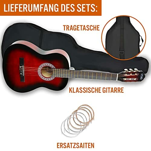 3rd Avenue Hiszpańska gitara klasyczna Kids, w rozmiarze 3/4, dla początkujących, struny nylonowe – futerał, struny, stroik cyfrowy – w kolorze czerwonym - obrazek 5