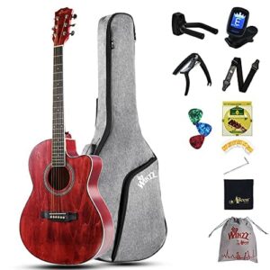Zestaw gitarowy Winzz Western dla początkujących, czerwona gitara akustyczna, gitara podróżna, 39”, dla studentów lub dorosłych