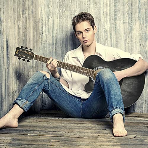 Winzz Gitara dla leworęcznych, gitara westernowa, czarna, 100 cm, zestaw dla początkujących z korektorem dźwięku, stojakiem, kostką do gitary, pasem do gitary, torbą - obrazek 2