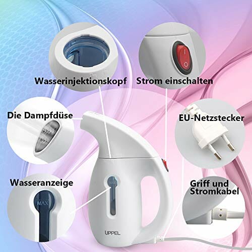UPPEL Żelazko parowe Steamer, żelazko podróżne, szczotka parowa, przenośna ze zbiornikiem na wodę 180 ml, mini idealne do domu, na urlop i w podróży służbowej, bezpieczne i lekkie - obrazek 5