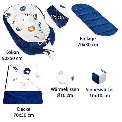 Zestaw gniazdek niemowlęcych noworodek 90x50 cm Aksamit - przytulanki gniazdko Kokon 5-częściowy tęczowy ciemnoniebieski - obrazek 5