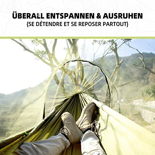 BTRWOR Hamak, hamak outdoorowy z moskitierą | nylonowy hamak podróżny | nośność 300 kg | 260 x 140 cm | akcesoria kempingowe do użytku na zewnątrz, wewnątrz z pasami na drzewo (oliwkowy) - obrazek 3