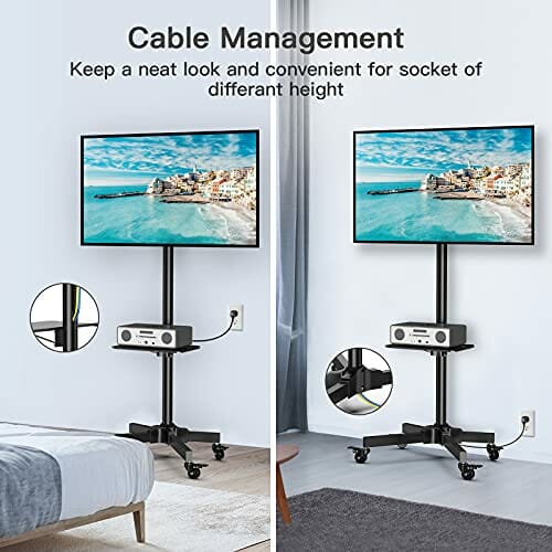 Przenośny wózek TV do telewizorów 23-60-calowych Stojak na kółkach do telewizorów LCD/LED/OLED z płaskim ekranem z regulowaną półką, maks. VESA 400 x 400 mm, utrzymuje 55 lbs - obrazek 6