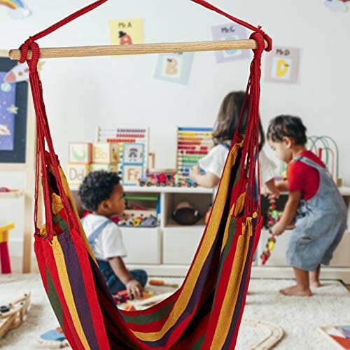 Relaxdays Fotel wiszący, XL fotel wiszący z bawełny, dla dzieci i dorosłych, do zawieszenia, wewnątrz i na zewnątrz, 150 kg, szary/biały - obrazek 4