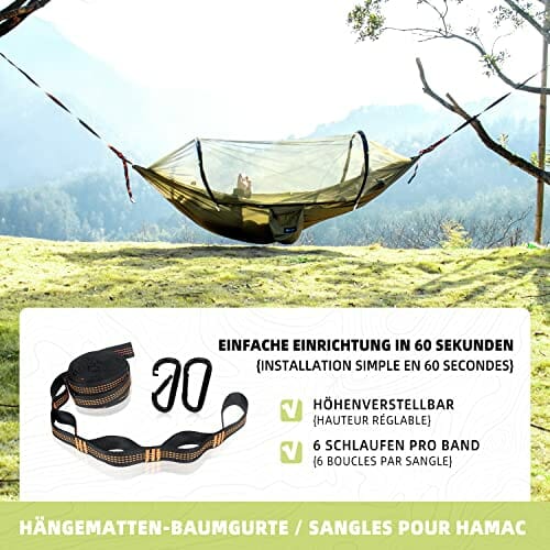 BTRWOR Hamak, hamak outdoorowy z moskitierą | nylonowy hamak podróżny | nośność 300 kg | 260 x 140 cm | akcesoria kempingowe do użytku na zewnątrz, wewnątrz z pasami na drzewo (oliwkowy) - obrazek 4