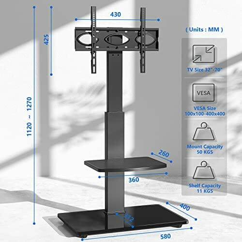 RFIVER Uniwersalny wysoki, obrotowy stojak podłogowy do telewizora na płaskie zakrzywione ekrany o średnicy do 50 kg z regulacją wysokości z podstawą ze szkła hartowanego do zarządzania kablami, czarny do końca łóżka, salonu - obrazek 4