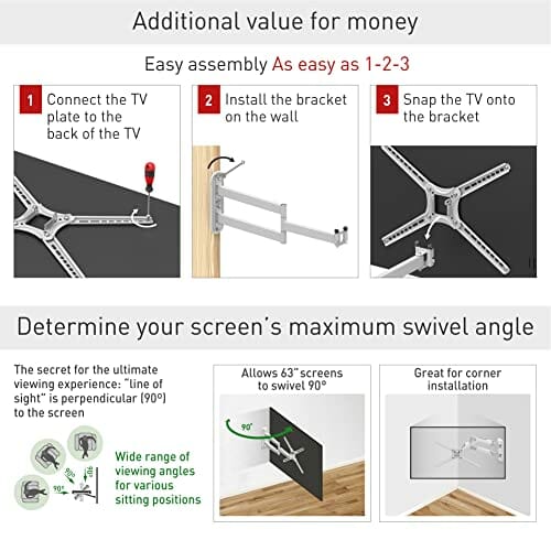 Barkan 76 cm długi biały uchwyt ścienny do telewizora, 13 - 65 cali wychylny / pochylany / ruchomy uchwyt na telewizor, wytrzymuje do 36 kg, bardzo długi wysuw, do LED OLED LCD, maks. VESA 400 x 400 - obrazek 8