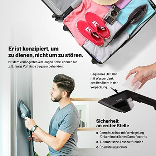 Żelazko turystyczne Lauben 1950BC turystyczna prasownica parowa z szybkim rozruchem, pionowe i poziome prasowanie, sznurek o długości 3 m, zbiornik na wodę 170 ml, torba odporna na wysokie temperatury, funkcja Dry Ironing - obrazek 5