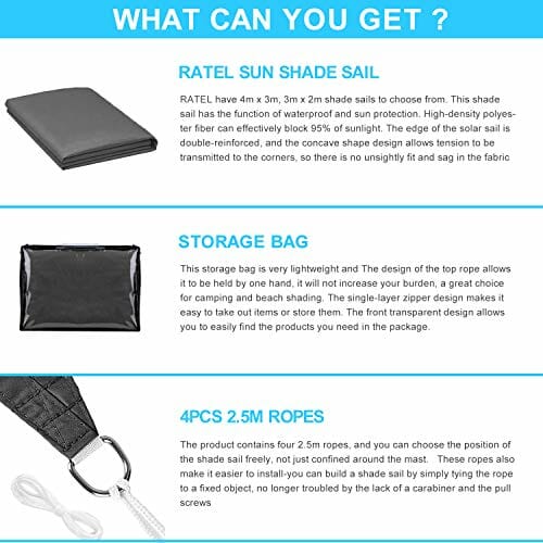 RATEL Sonnensegel 2x3m Rechteckig, Balkon Sonnenschutz Wetterschutz, 95% UV-Schutz Sonnensegel inkl Befestigungsseile, für Draußen Patio Garten Terrasse und Camping, Grau (2 x 3 m, Grau) - obrazek 2