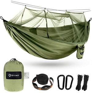 BTRWOR Hamak outdoorowy z moskitierą – ultralekki hamak podróżny – nośność 300 kg – oddychający, szybkoschnący nylon spadochronowy – 275 x 140 cm (oliwkowy)