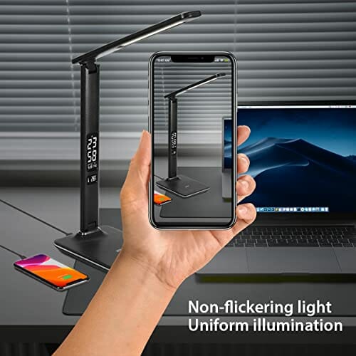 WILIT U13 9 W lampa biurkowa LED z przyłączem USB do ładowania smartfona, 3 kolory i 5 poziomów ściemniania, kalendarz na ekranie i budzik, sterowanie dotykowe, czarna - obrazek 4