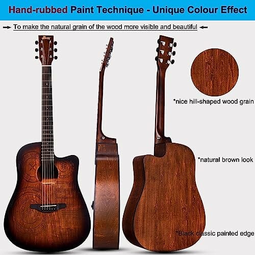 Gitara Winzz Western 4/4, gitara akustyczna dla dorosłych, 41 cali, zestaw gitarowy dla początkujących (grawerunek w stylu vintage), brązowa - obrazek 8