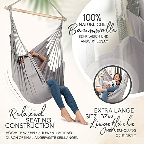 BELLAMATILDA fotel wiszący, 100% bawełna, bardzo długi i 3 poduszki, krzesło wiszące, do użytku na zewnątrz i wewnątrz, XXL dla dorosłych i dzieci, do 150 kg, do ogrodu, salonu, na balkon (jasnoszary) - obrazek 6