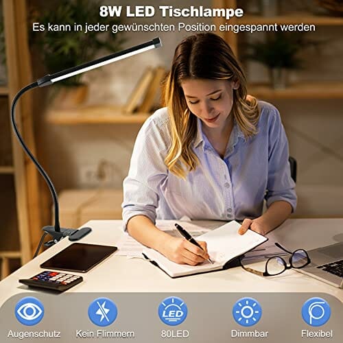 Wilktop Lampa biurkowa 8 W, ściemniana, z zaciskiem USB, 3 trybami (zimna/ciepła/naturalna biała) 10 poziomów jasności, lampa biurkowa LED do biura, nauki, czytania, nauki, pracy (czarna) - obrazek 9