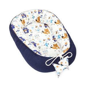 Babynest Ochraniacz dla Noworodka 90x50 cm - Kokon Ręcznie robiony dwustronny bawełniany wafel z Babynest Animals Granatowy