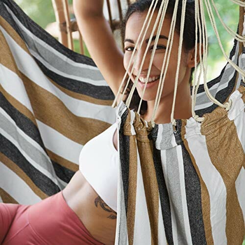 Relaxdays Fotel wiszący, XL fotel wiszący z bawełny, dla dzieci i dorosłych, do zawieszenia, wewnątrz i na zewnątrz, 150 kg, szary/biały - obrazek 6