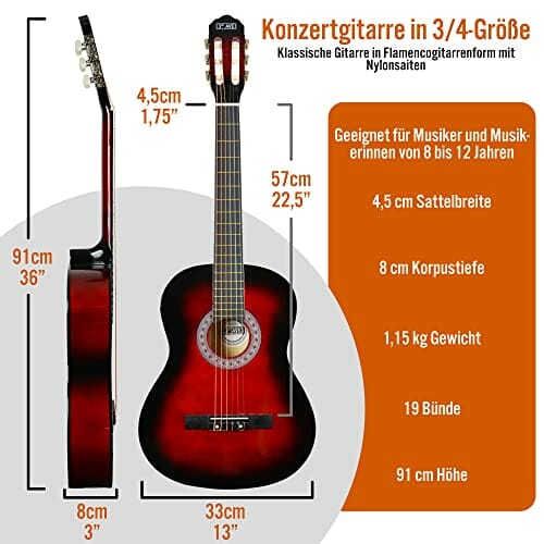 3rd Avenue Hiszpańska gitara klasyczna Kids, w rozmiarze 3/4, dla początkujących, struny nylonowe – futerał, struny, stroik cyfrowy – w kolorze czerwonym - obrazek 6