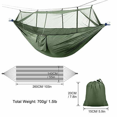 LATTCURE Hamak z moskitierą, pasek do noszenia i karabińczykiem, wykonany z nylonu spadochronowego, nośność do 300 kg, do ogrodu, na podróż, kemping - obrazek 8