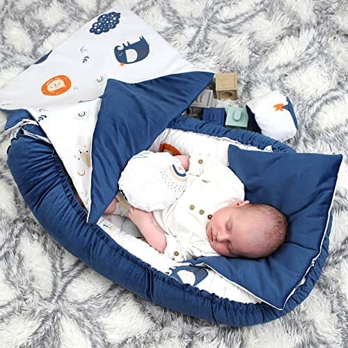 Zestaw gniazdek niemowlęcych noworodek 90x50 cm Aksamit - przytulanki gniazdko Kokon 5-częściowy tęczowy ciemnoniebieski - obrazek 3