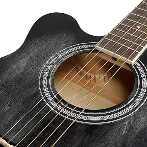 Winzz Gitara dla leworęcznych, gitara westernowa, czarna, 100 cm, zestaw dla początkujących z korektorem dźwięku, stojakiem, kostką do gitary, pasem do gitary, torbą - obrazek 5