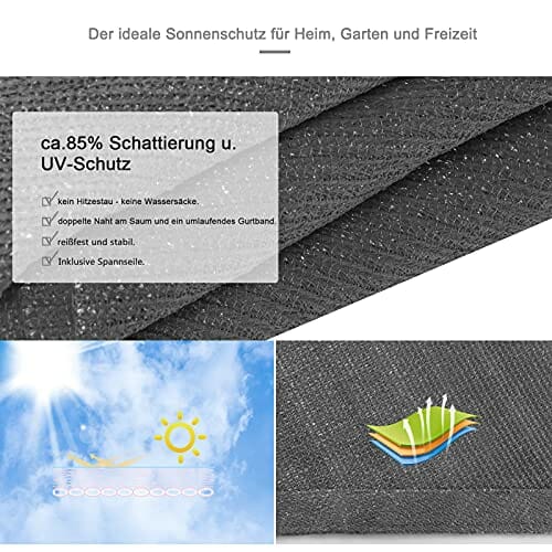 EUGAD Sonnensegel Quadrat 4x4m Sonnenschutz 200g/m² Garten Balkon Terrasse HDPE Wetterschutz atmungsaktiv Grau 0188ZYF - obrazek 4